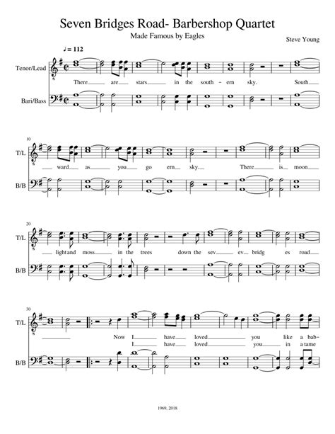 Seven Bridges Road Barbershop Quartet Sheet Music For Tenor Baritone