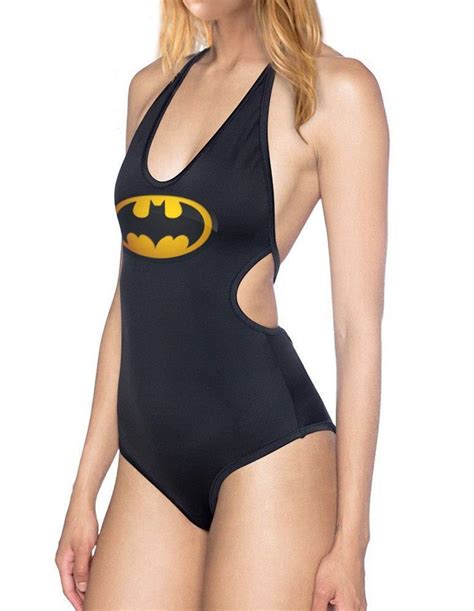 Black Batman Print Womens Halter One Piece Swimsuit Backless Monokini