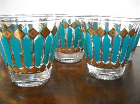 set of 8 mid century modern mad men fred press teal turquoise gold rock cocktail glasses