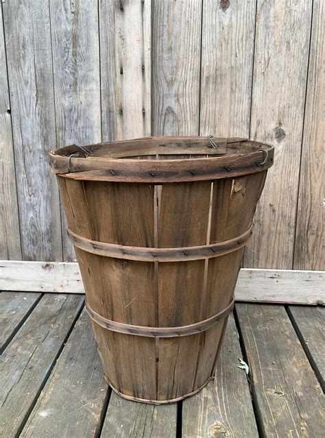 Vintage Tall Bushel Basket Split Wood Produce Apple Orchard Etsy