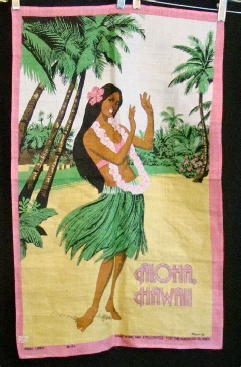 reserved bo ca frosh aloha hawaii hawaiian tea towel vintage 1970s woman hula flower lei palm
