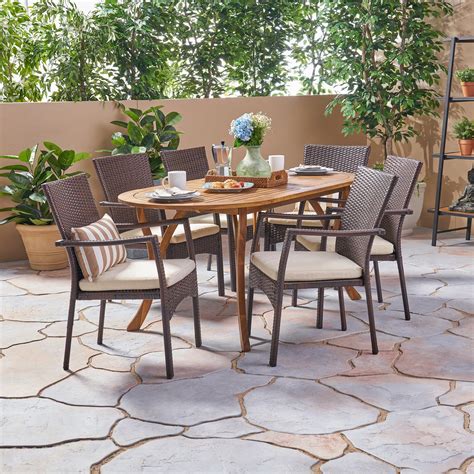 Outdoor 7 Piece Acacia Wood And Wicker Dining Set Teak With Brown Cha