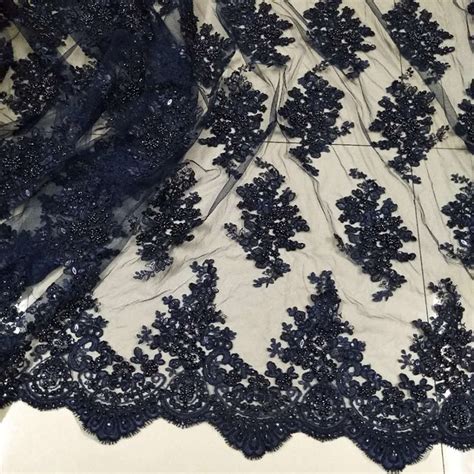 Luxury Dark Blue Heavy Beaded Lace Fabric By The Yard Navy Etsy