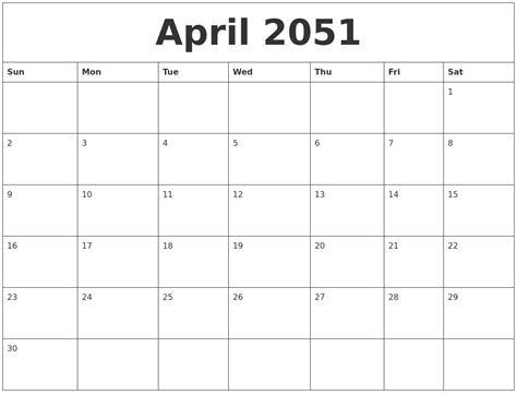 April 2051 Calendar Layout