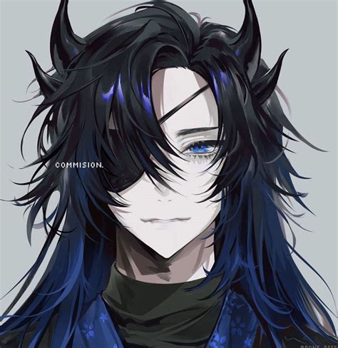 Anime Black Blue Hair Demonstrate Eyepatch Horns Blue Eyes Anime Male Blue Hair Anime Boy