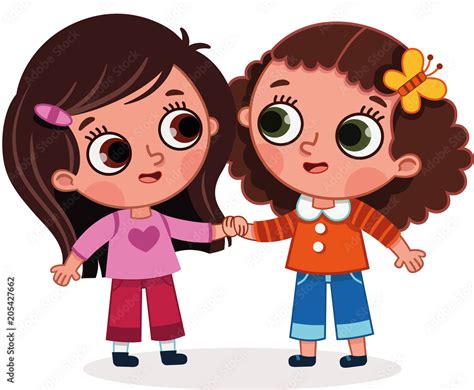 Vector Illustration Of Two Cute Girls Holding Hands Cartoon Image With
