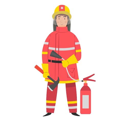 Premium Vector Flat Cartoon Character Fireman With Ax And Fire Extinguisher Vector Illustration