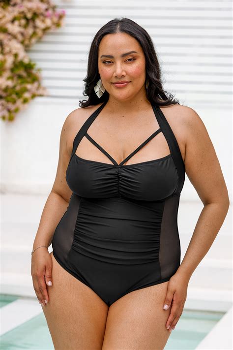 Emerge Strappy Shirred Mesh Plus Size One Piece Swimsuit