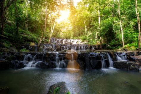 Amazing Beautiful Waterfalls In Tropical Forest At Haew Suwat Wa Stock