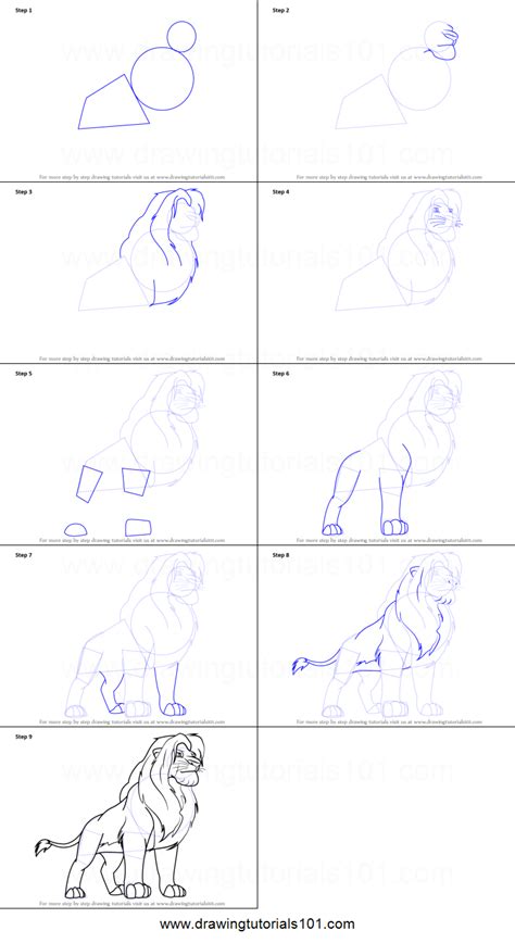 First of all…start off by lightly sketching the basic shapes of simba's face….see all the circles / ovals? How to Draw Simba from The Lion King printable step by ...