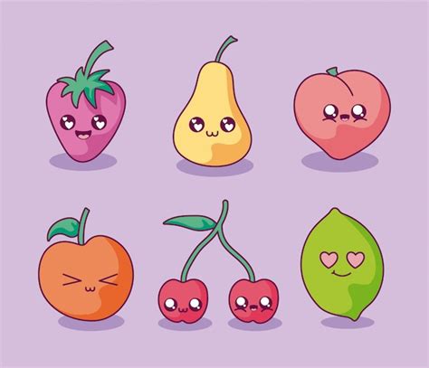 Conjunto De Iconos De Dibujos Animados De Frutas Kawaii Vector Premium