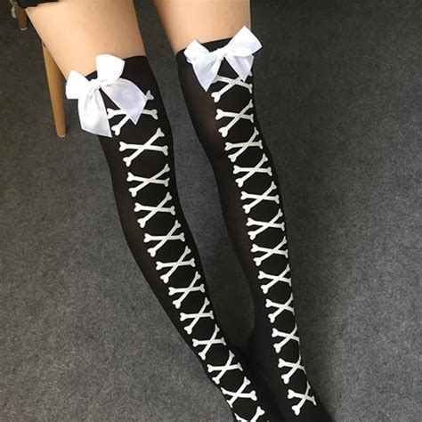 Women Sexy Cosplay Striped Knee Stockings Japanese Printed Thigh High