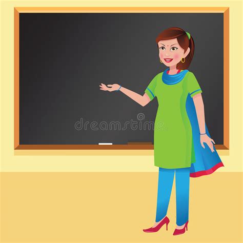Indian Woman Teacher In Front Of A Blackboard Stock Vector