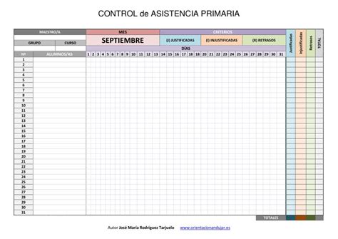 Control De Asistencia Infantil Primaria Y Secundaria Word Y Excel Editables