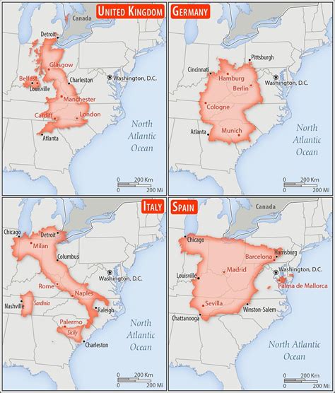Driving down from north to south in one of europe's longest countries, italy, would take just about as much time as it would to travel from the tip of maine to the top of florida in the united states. MapScaping on Twitter: "Size Comparison Between UK, Germany, Italy and Spain and the 48 ...