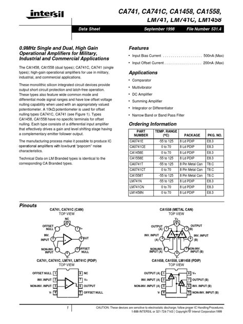 Datasheet Lm741 Pdf Operational Amplifier Amplifier