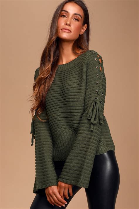 Olive Green Sweater Cable Knit Sweater Lace Up Sleeve Sweater Lulus