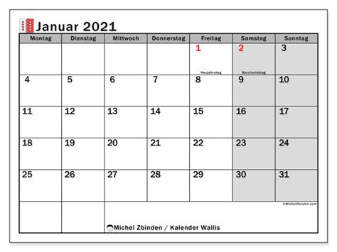 Kalender für das jahr 2021 n deutscher sprache. Kalender "Kanton Wallis" Januar 2021 zum ausdrucken ...