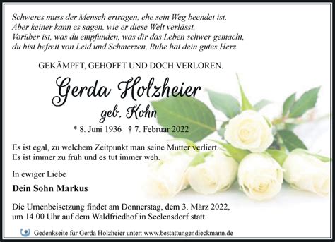 Traueranzeigen Von Gerda Holzheier Märkische Onlinezeitung Trauerportal