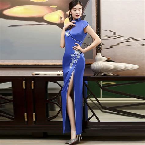blue 3d embroidery qipao long split sexy cheongsam design chinese vintage dress annual meeting