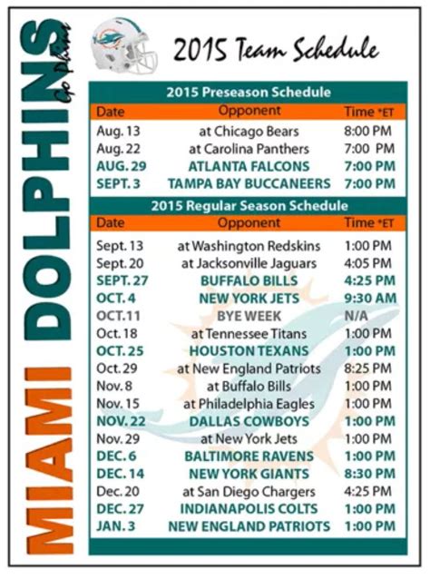 Full miami dolphins schedule for the 2020 season including dates, opponents, game time and game result information. 2015 Miami Dolphins Football Schedule Magnet | Miami ...