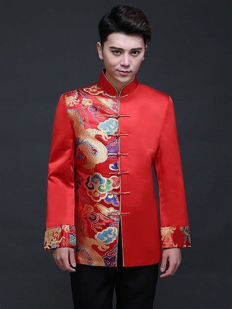 Red Traditional Chinese Mens Wedding Jacket With Woven Dragon