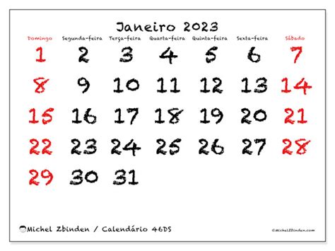 Calendário De Janeiro De 2023 Para Imprimir “47ds” Michel Zbinden Br