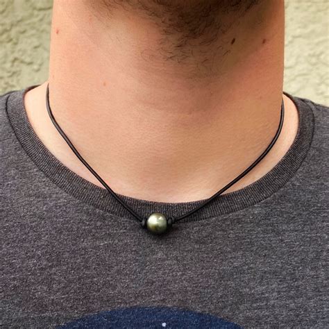 Mens Pearl Necklace Tahitian Pearl Leather Necklace Real Etsy