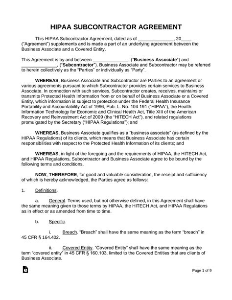 Free HIPAA Subcontractor Agreement Template PDF Word EForms