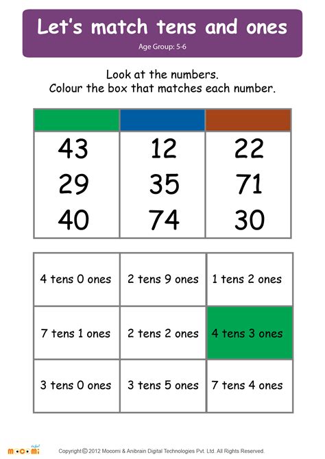Here you will find our selection of place value worksheets looking at 2 digit numbers. Let's match tens and ones - Worksheets for kids | Mocomi.com