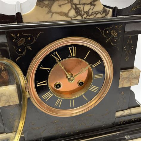 Victorian Black Slate And Marble Mantel Clock With Decorative Gilt