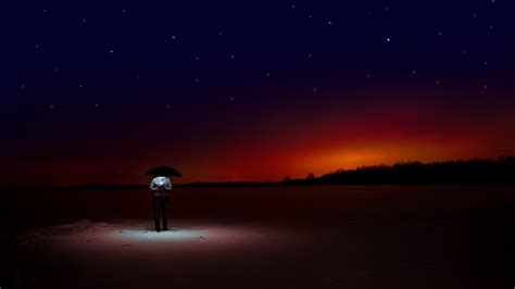 Man Starry Sky Umbrella Night Horizon Loneliness Picture Photo