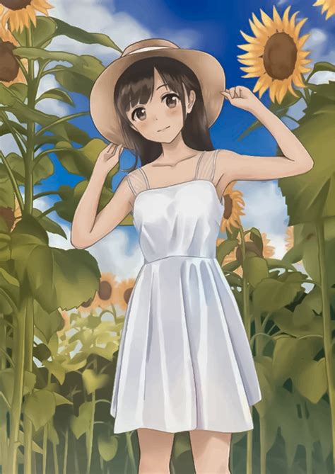 Cute Anime Girl In A Hat On A Background Of Sunflowers And Sky 19054676