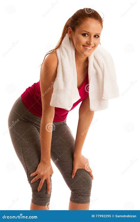 Fitness Woman Rest After Workout In Gym With Towel Around Her Stock