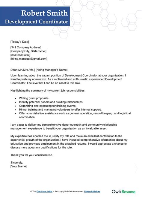 Development Coordinator Cover Letter Examples Qwikresume