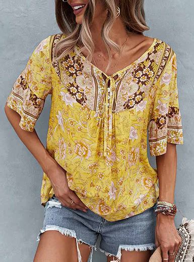 Womens Bohemian Summer Top Elbow Length Sleeves Floral Trim Yellow