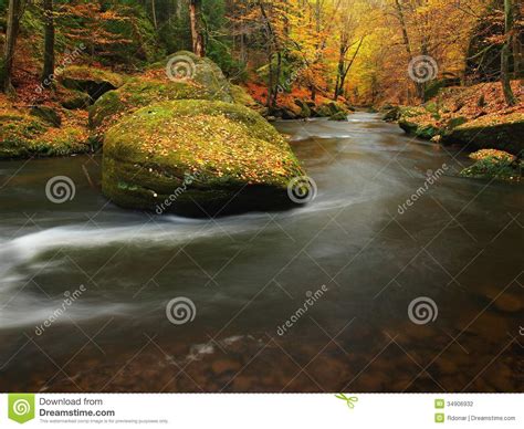 Autumn Mountain River With Blurred Waves Fresh Green Mossy Stones