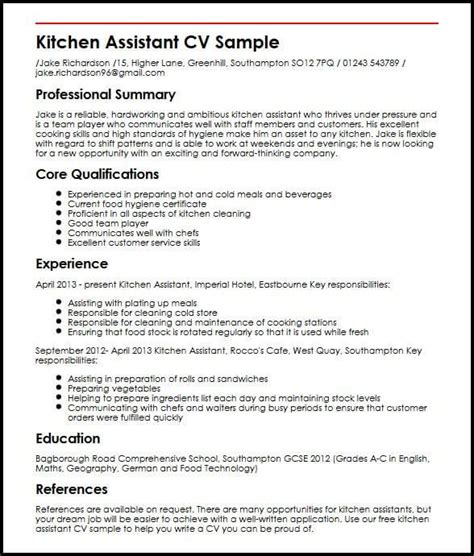 A hardworking and dedicated computer science graduate with 4+ years of. Kitchen Assistant CV Sample | MyperfectCV