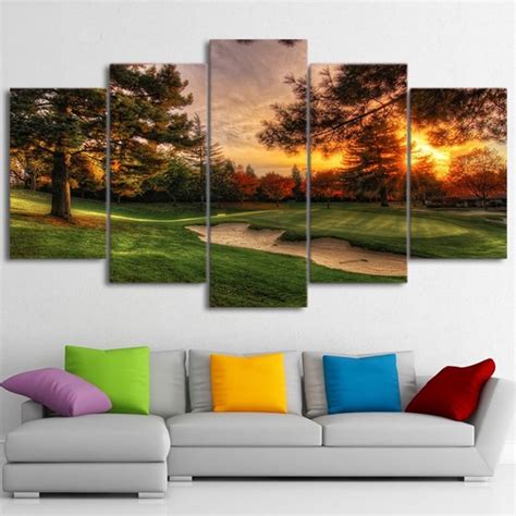 Golf Course Golfing Sports Framed 5 Piece Canvas Wall Art Painting Wal
