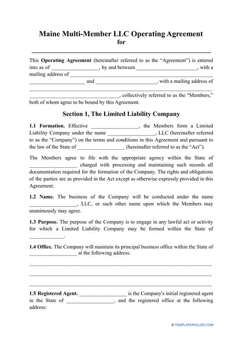 Maine Multi Member Llc Operating Agreement Template Download Printable