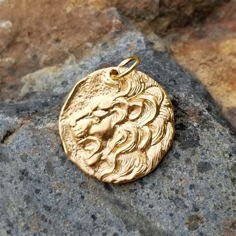 Gold Lion Head Pendant 24k Gold Ancient Coin Replica Charm Etsy