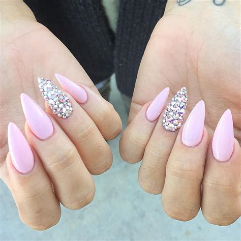 Pastel Pink Stiletto Nails With Rhinestones Pink Paradise Pink