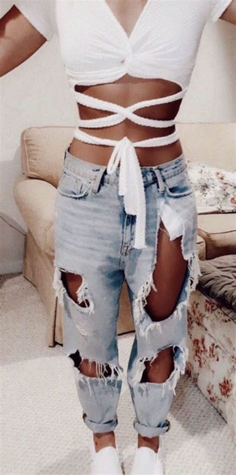 White Croptop Distressed Light Wash Denim Trendy Summer Outfits Everyday Outfits Cute