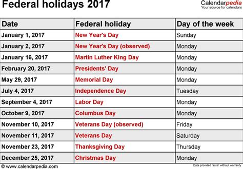 2017 Calendar With Holidays Templates Free Printable