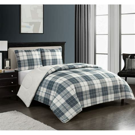 Mainstays Cozy Flannel Reverse To Super Soft Sherpa 3 Piece Comforter Set King Grey Plaid