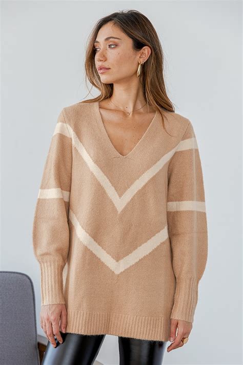 Lush Sweater Beige Sweater Chevron Striped Sweater Lulus