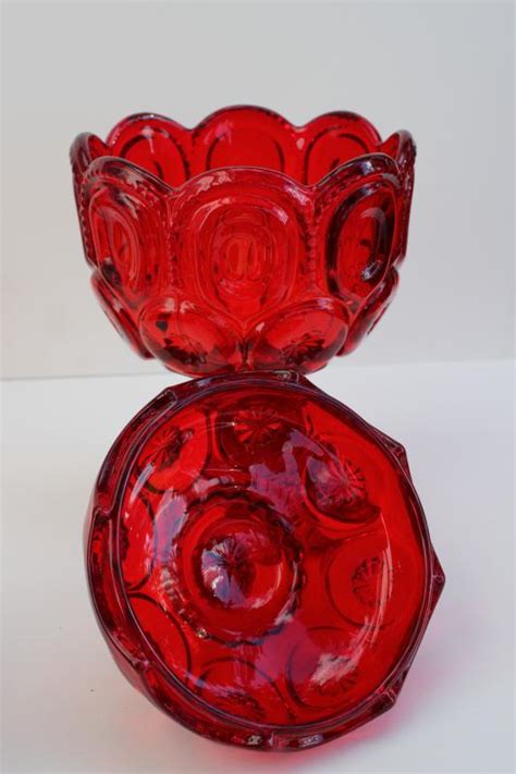Vintage Ruby Red Moon And Stars Pattern Glass Tall Pedestal Candy Dish Or Small Compote