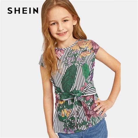 Shein Kiddie Tie Waist Striped And Floral Print Cute Girls Tops Kids