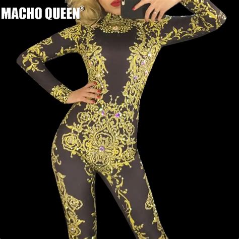 Gold Rhinestone Bodysuit Drag Queen Costumes Crystal Jumpsuit Sparkly