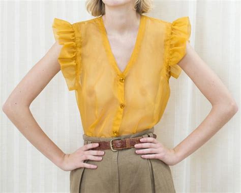 70s sheer yellow ruffle blouse large bright yellow ruffle etsy ruffle blouse metallic